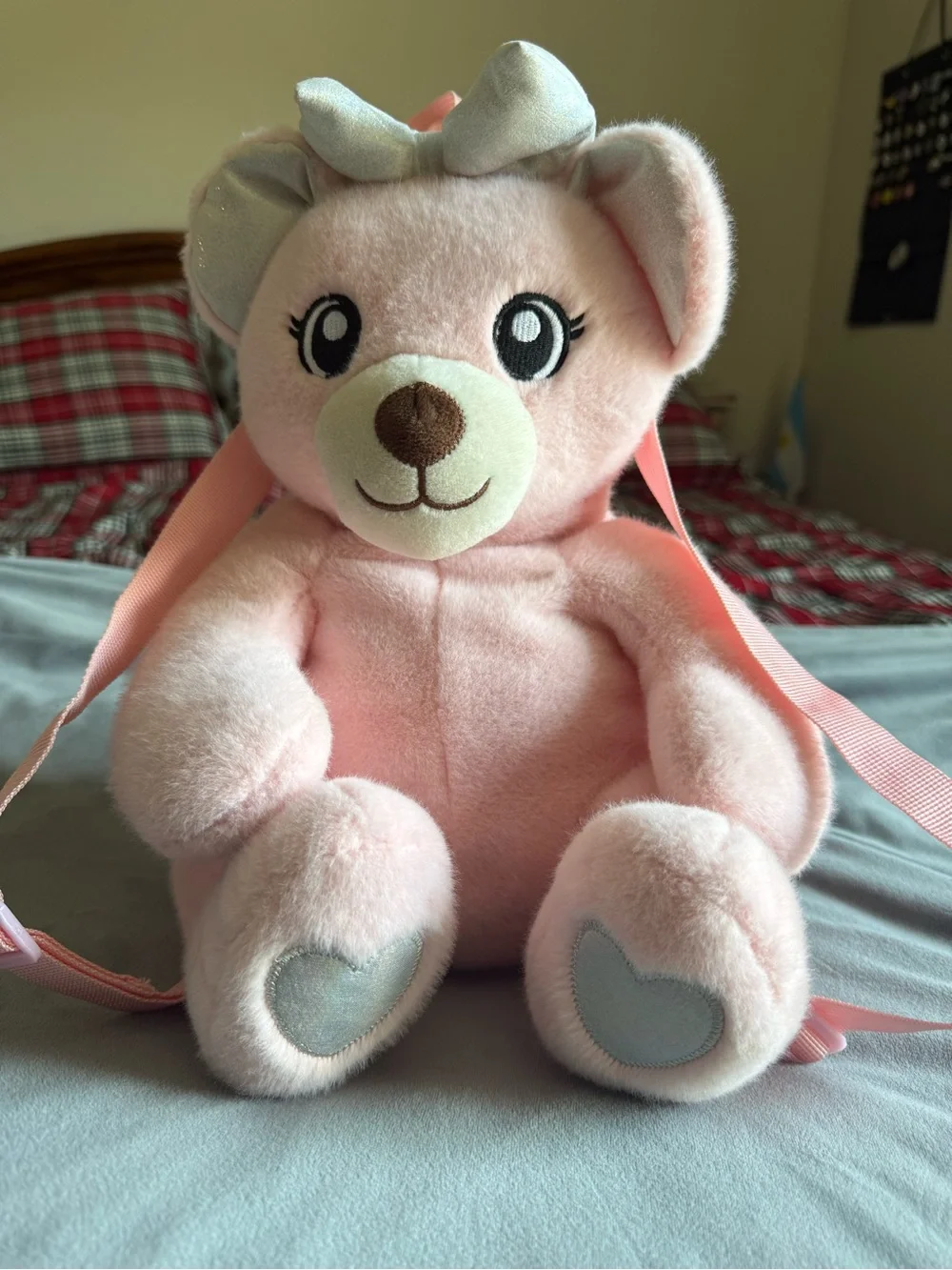 Pastel Pink Plush Teddy Bear Mini Backpack | Kawaii Iridescent Bow & Heart Pads